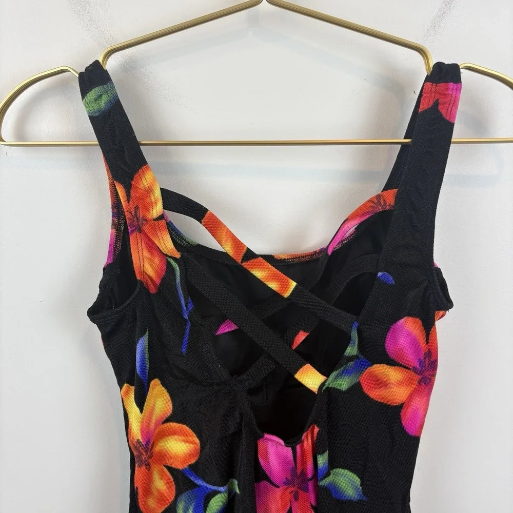 Vintage 80's Nylon Mesh Black Floral Pink One Piece Swimsuit Robby len Size 10 M